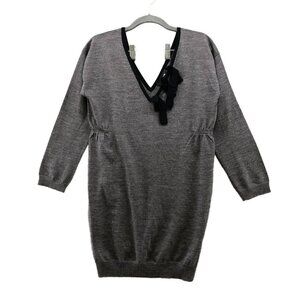 Soun 100% Wool Tunic Sweater Womens Medium M Gray Bow Front V-neck Pullover